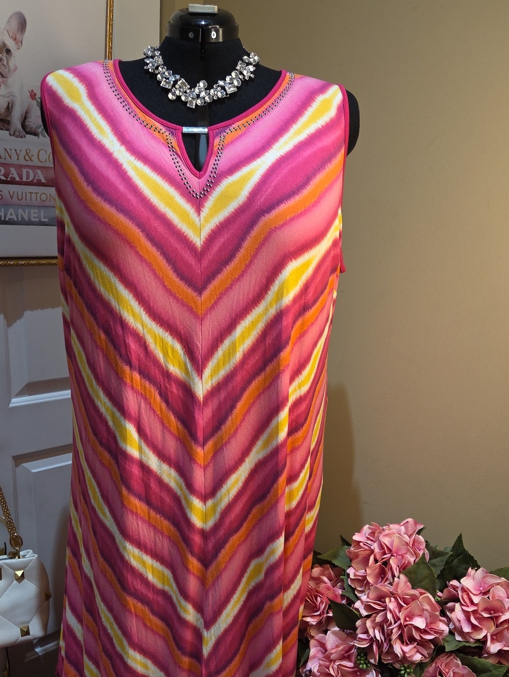Nwt 4X Catherines Pink Chevron Sleeveless Maxi Dress with Keyhole No Pockets - Picture 4 of 16